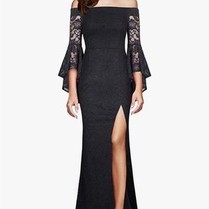 Morticia Adams style- Bell sleeve black lace dress with adjustable zipper